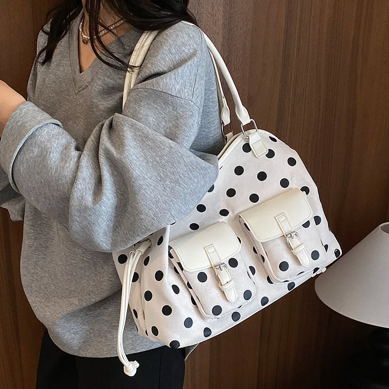 Women's Tote Bag Vintage Dot-Pattern Faux PU Leather Zipper Shoulder Bag with Phone Pocket