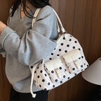 Women's Tote Bag Vintage Dot-Pattern Faux PU Leather Zipper Shoulder Bag with Phone Pocket
