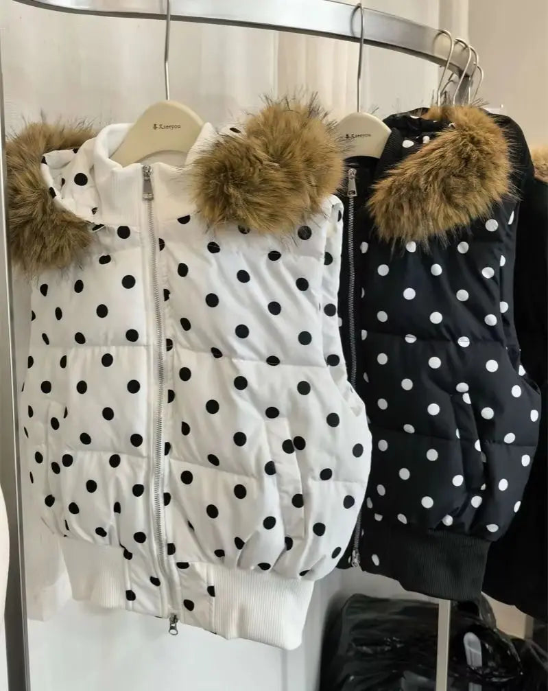 Women's Polka Dot Hooded Puffer Vest with Plush Trim