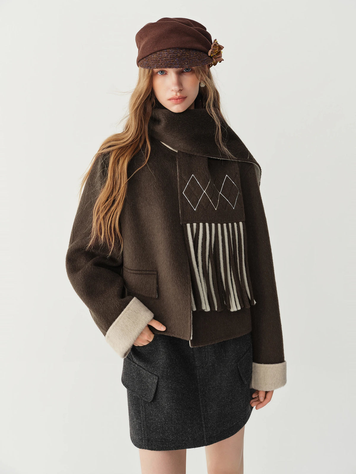 Women's 100% Wool Double-Faced Short Coat – Round Neck, Fringe Scarf, Wide Waist