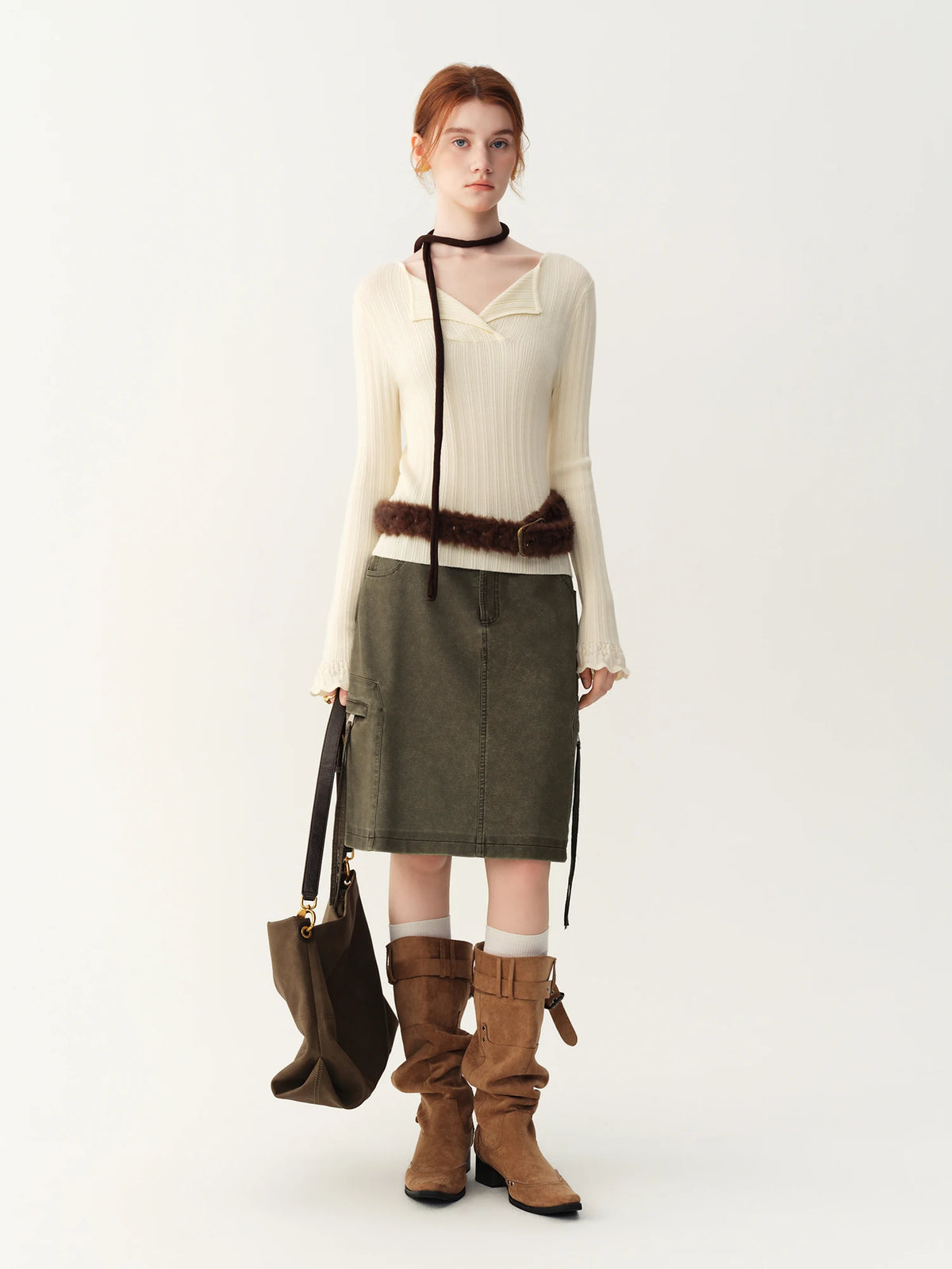 Women's Skirt Viscose Broadcloth Straight Cargo-Style Pockets High-Rise Empire Waist Knee-Length Casual Winter