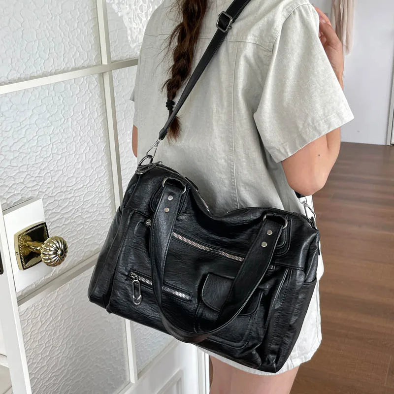 Women's Vintage PU Leather Tote Bag - Top Handle, Large Capacity, Crossbody