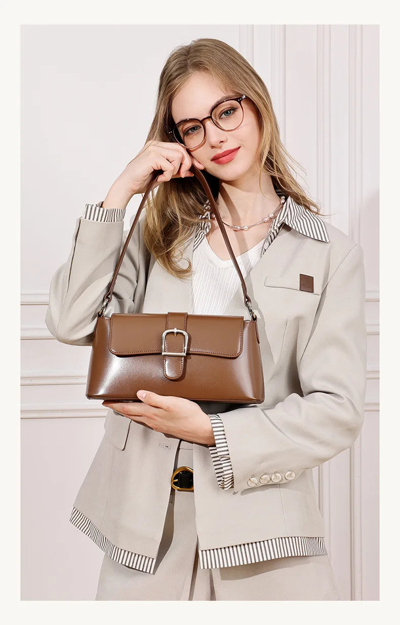 Women's Genuine Leather Baguette Shoulder Bag – Vintage Cowhide Crossbody