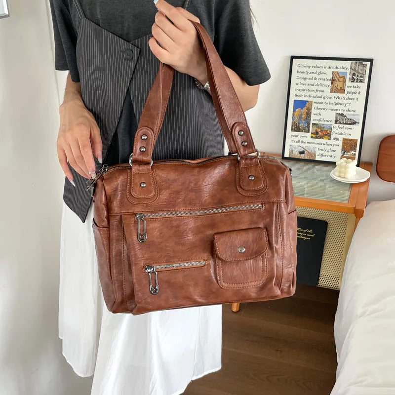 Women's Vintage PU Leather Tote Bag - Top Handle, Large Capacity, Crossbody