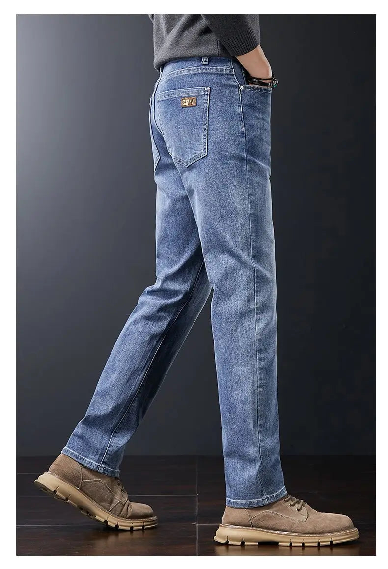 Men's Soft Stretch Straight Jeans Business Casual Slim Fit Wash Denim Pants Korean Fashion Blue Gray Male Brand Trousers