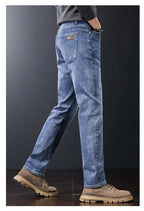 Men's Soft Stretch Straight Jeans Business Casual Slim Fit Wash Denim Pants Korean Fashion Blue Gray Male Brand Trousers