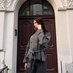 Women's Jacket Solid Lace-Up Double-Breasted Turn-Down Collar Full-Sleeve High-Waist Short Streetwear Coat