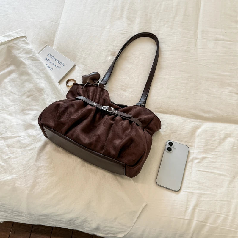 Women's Shoulder Bag Vintage Ruched PU Leather Zipper Tote Bag with Phone Pocket & Charm