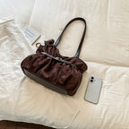 Women's Shoulder Bag Vintage Ruched PU Leather Zipper Tote Bag with Phone Pocket & Charm