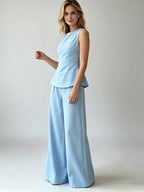 2026 Women Casual Set Elegant Back Tie Sleeveless Peplum Top + Wide Leg Pants 2 Pieces