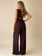 2026 Women Casual Set Elegant Back Tie Sleeveless Peplum Top + Wide Leg Pants 2 Pieces