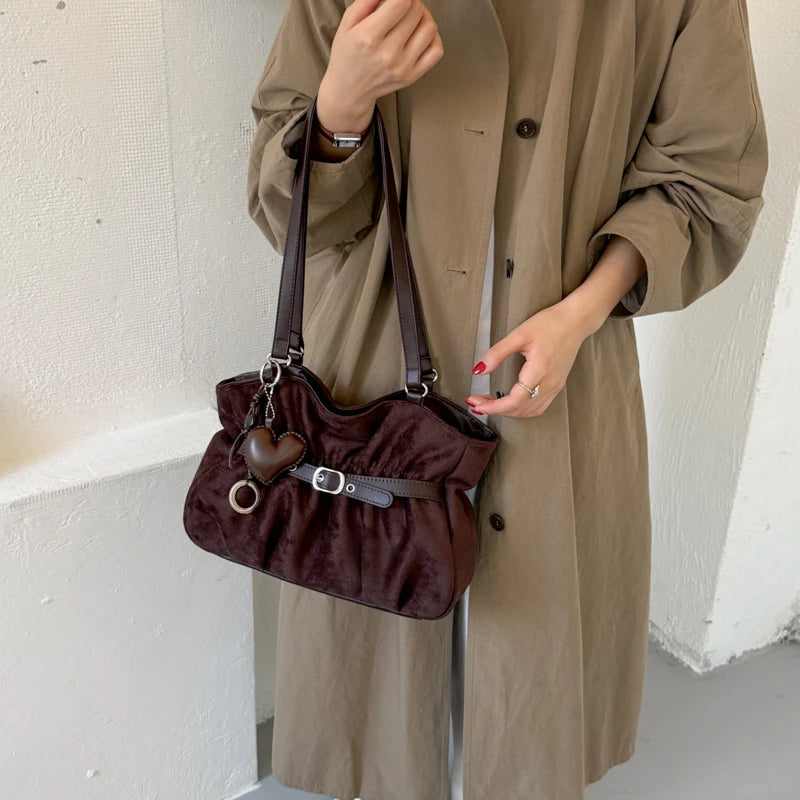 Women's Shoulder Bag Vintage Ruched PU Leather Zipper Tote Bag with Phone Pocket & Charm