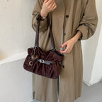 Women's Shoulder Bag Vintage Ruched PU Leather Zipper Tote Bag with Phone Pocket & Charm