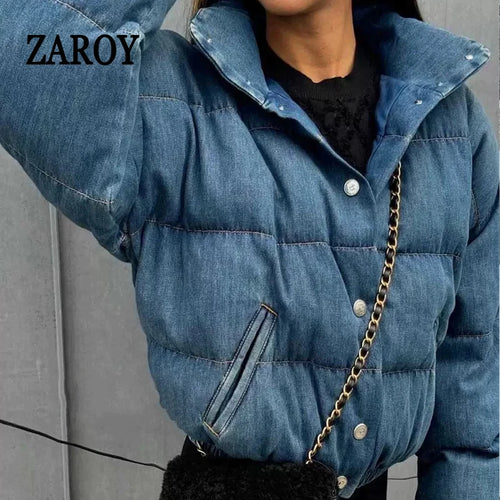 Women's Denim-Look Puffer Jacket with Stand Collar