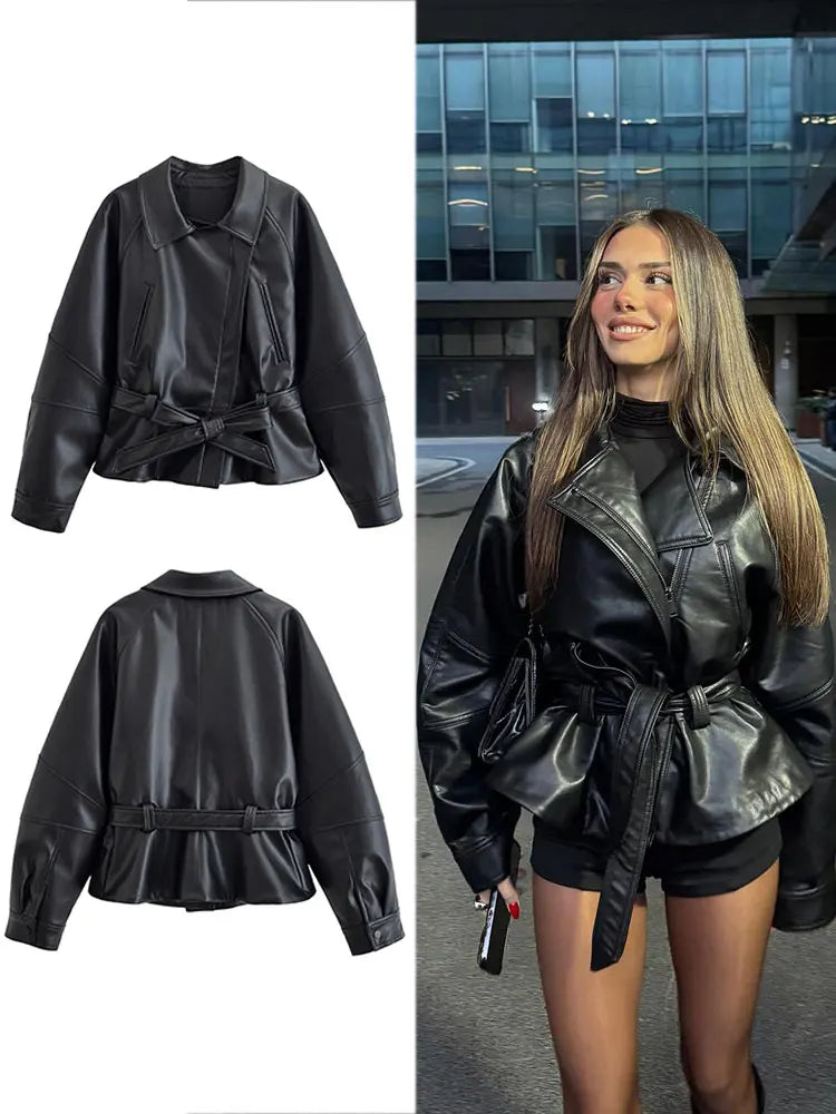 Women's Jacket Vintage Faux Leather Belted Turn-Down Lapel Full-Zip Full-Sleeve Short Motorcycle Coat