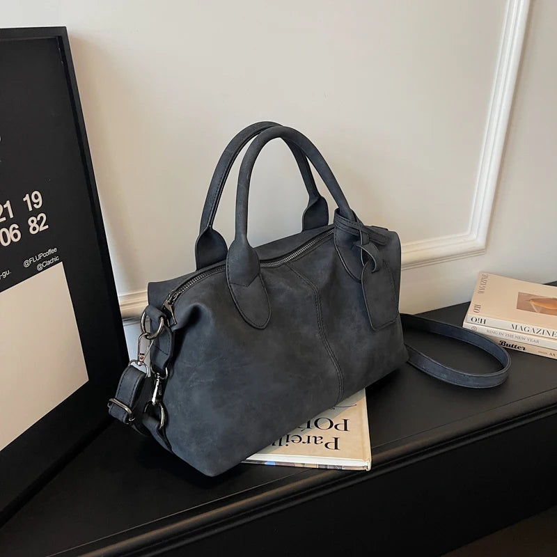 Women's Boston-Style PU Leather Shoulder Bag with Zipper