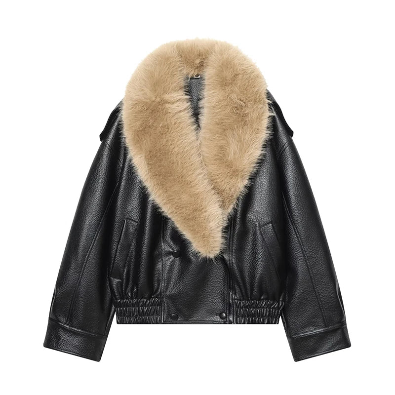 Women's Coat Vintage Faux Leather Big Fur Collar Double-Breasted Loose Full-Sleeve Thick Outerwear Jacket