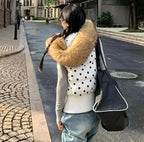 Women's Polka Dot Hooded Puffer Vest with Plush Trim