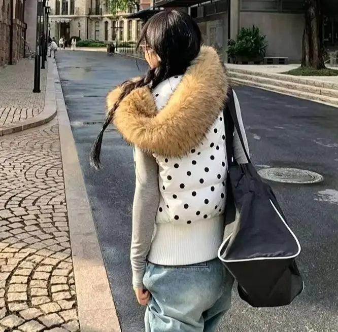 Women's Polka Dot Hooded Puffer Vest with Plush Trim