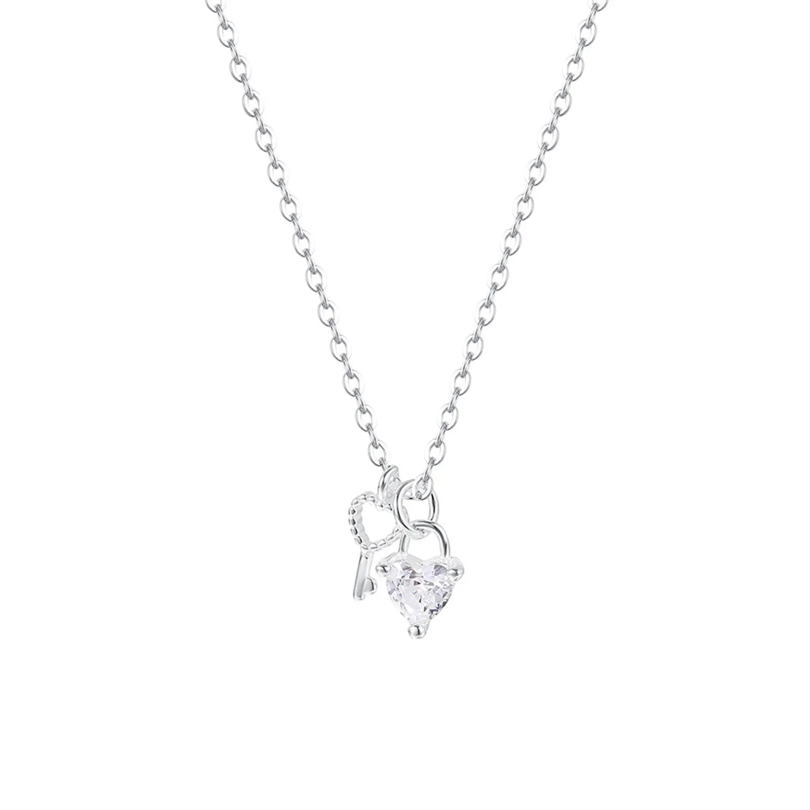 S925 Sterling Silver Unique Key and Heart Pendant Necklace Women Chain Jewelry