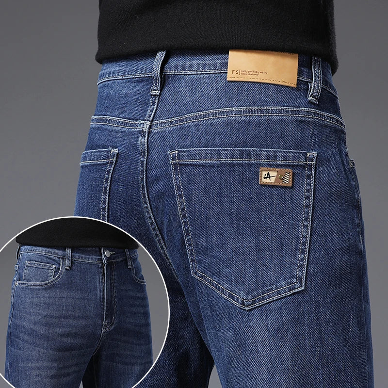 Men's Soft Stretch Straight Jeans Business Casual Slim Fit Wash Denim Pants Korean Fashion Blue Gray Male Brand Trousers