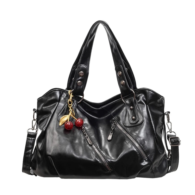 Women's Faux Leather Tote Shoulder Bag with Charm
