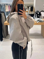Women's Jacket Plaid Hooded Full-Zip Loose Turn-Down Collar Full-Sleeve Varsity Bomber Coat