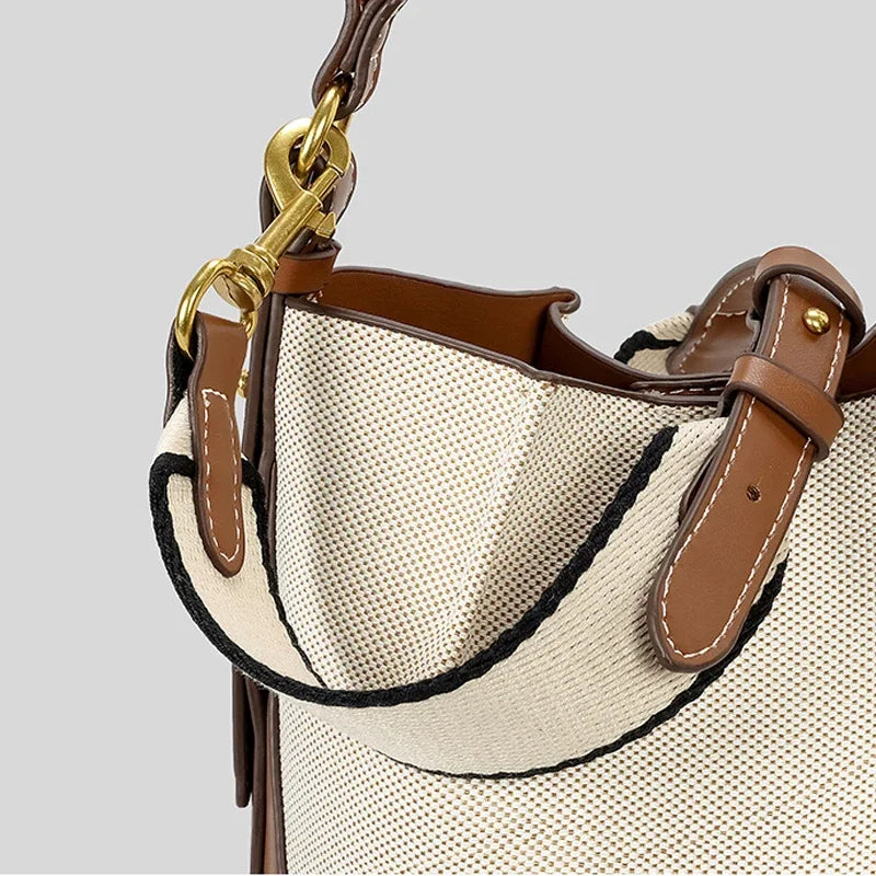 Women's Canvas & PU Leather Bucket Bag with Wide Crossbody Strap