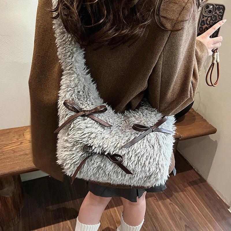 Faux Fur Shoulder Bags Women Bow Brushed Zipper Fuzzy Soft Handbags Medium Purse