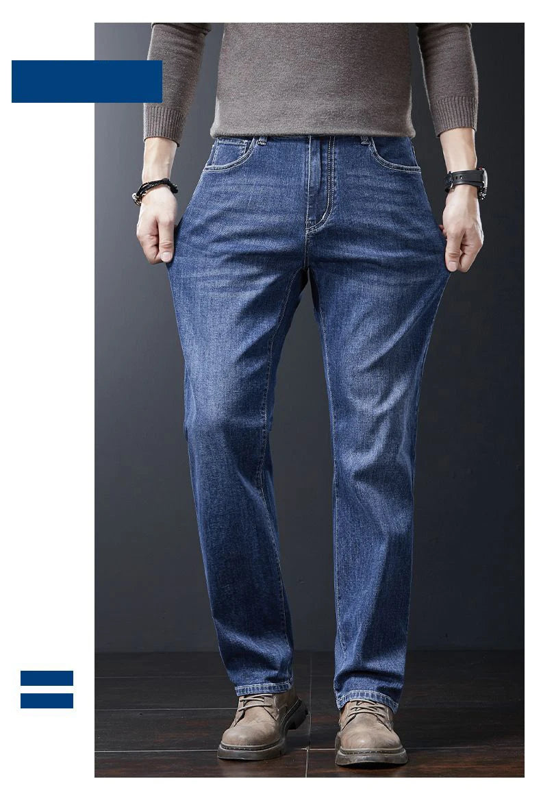 Men's Soft Stretch Straight Jeans Business Casual Slim Fit Wash Denim Pants Korean Fashion Blue Gray Male Brand Trousers