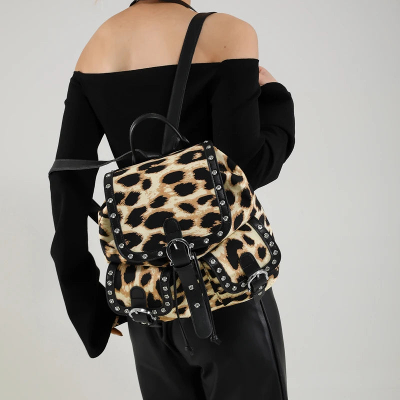 Leopard Rivets Backpacks Design Small Leather Women Drawstring Flap Belt Outer Pockets