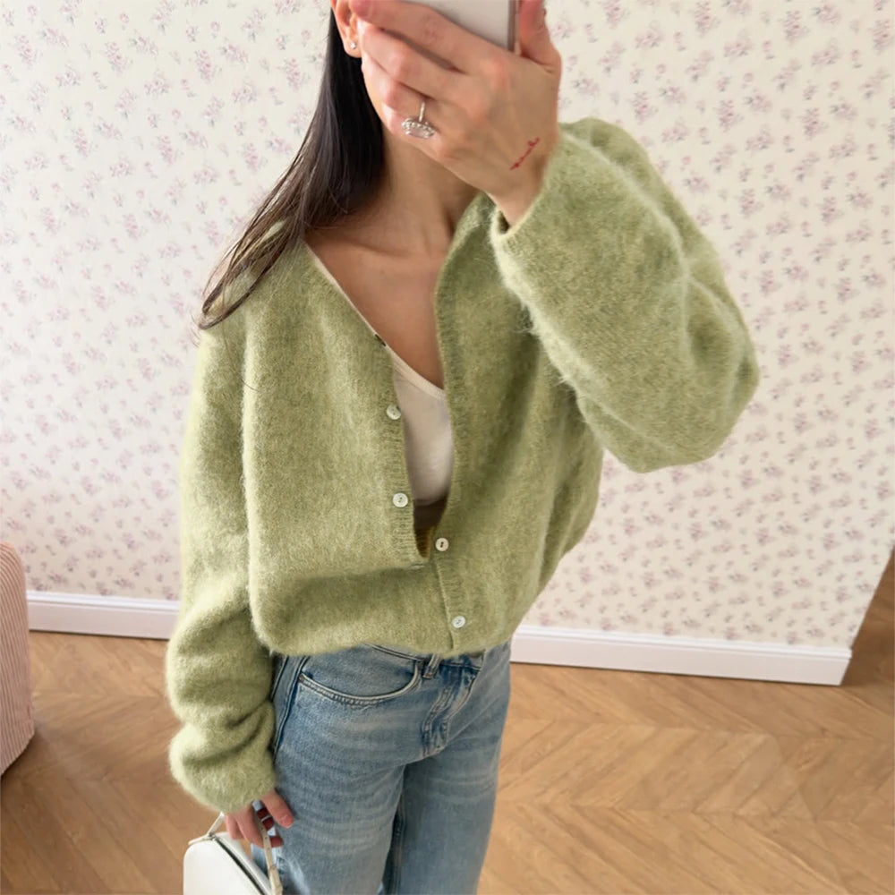 Cardigan Women's Spring and Autumn Loose Round Neck Knitted Jacket Soft Long Sleeved Sweater