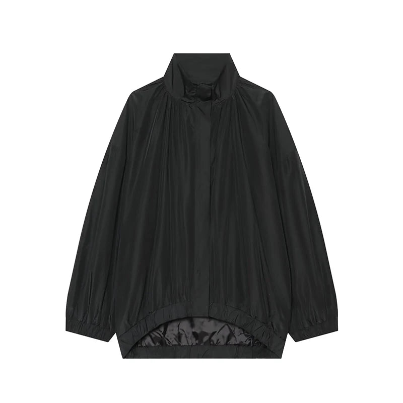 Women's Jacket Solid Casual Loose Stand Collar Full-Zip Full-Sleeve Regular Length Outerwear Coat