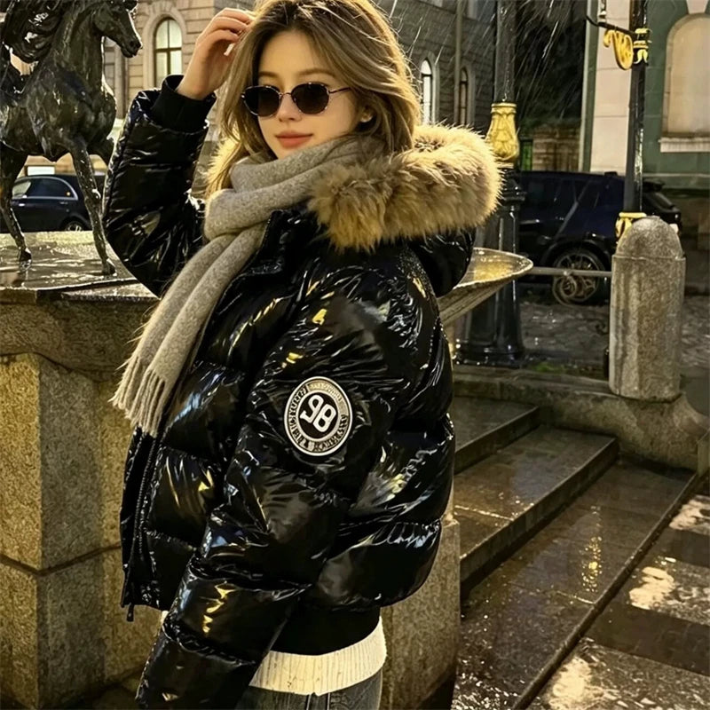 Women's Glossy Hooded Puffer Jacket with Faux Fur Trim