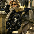 Women's Glossy Hooded Puffer Jacket with Faux Fur Trim