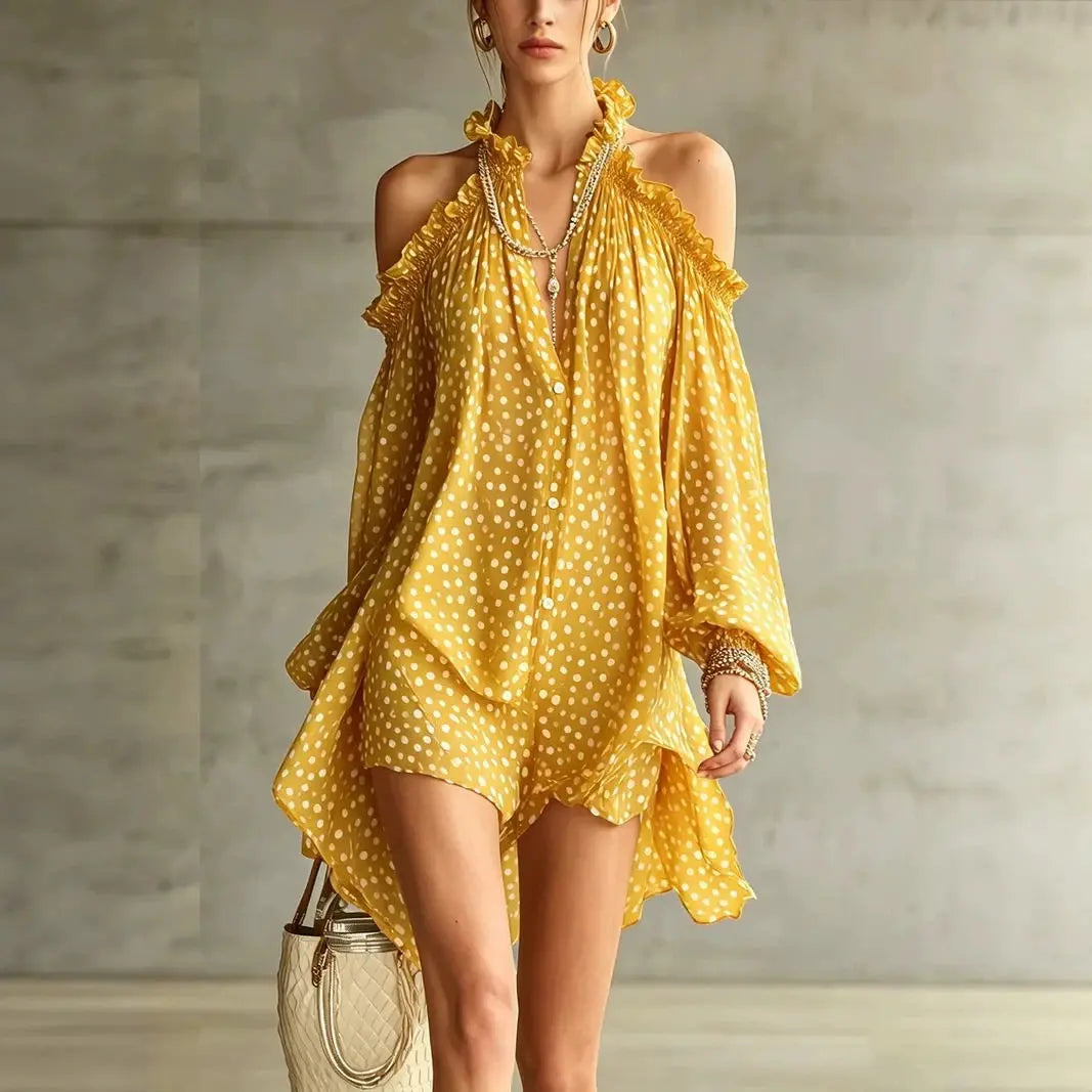 Women Polka Dot Chiffon Mini Dress Party Cocktail Short Dress Halter Cold Shoulder Long Sleeve Loose Fit