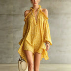 Women Polka Dot Chiffon Mini Dress Party Cocktail Short Dress Halter Cold Shoulder Long Sleeve Loose Fit