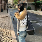 Women's Polka Dot Hooded Puffer Vest with Plush Trim