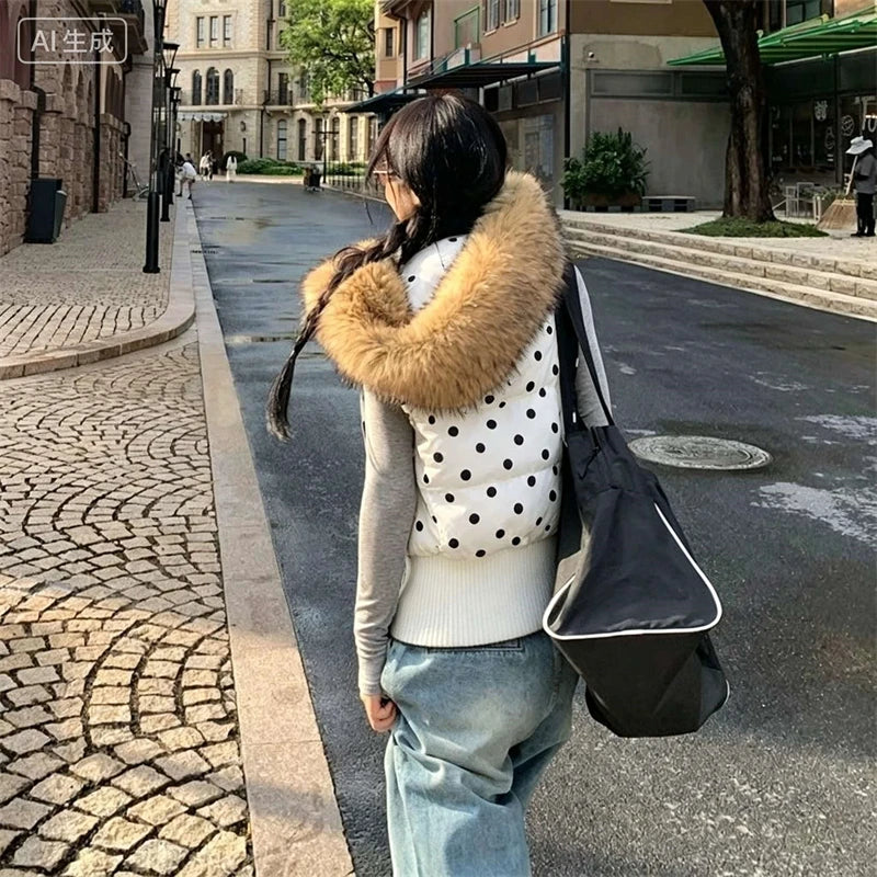 Women's Polka Dot Hooded Puffer Vest with Plush Trim