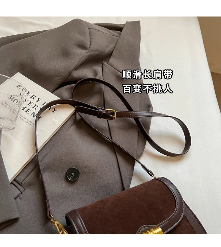 Retro Faux Suede Brown Crossbody Bags Women Flap Small Square Casual Bag