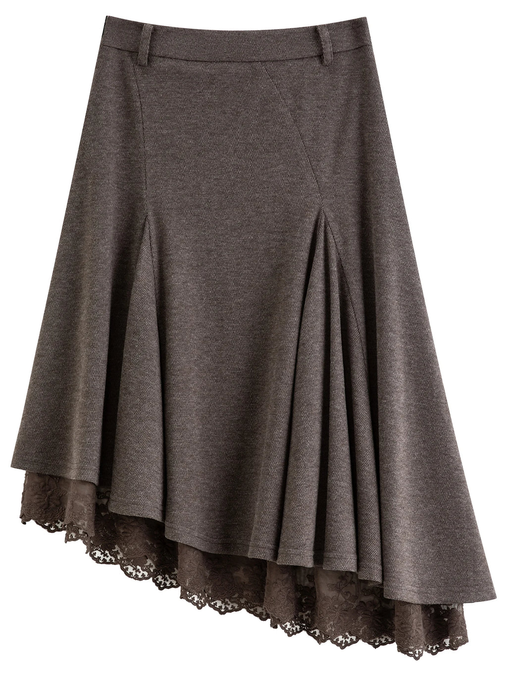Women's Woolen Skirt Lace Panel Asymmetric Hem A-Line Empire Waist Mid-Calf Knit Casual Office Winter