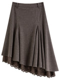 Women's Woolen Skirt Lace Panel Asymmetric Hem A-Line Empire Waist Mid-Calf Knit Casual Office Winter