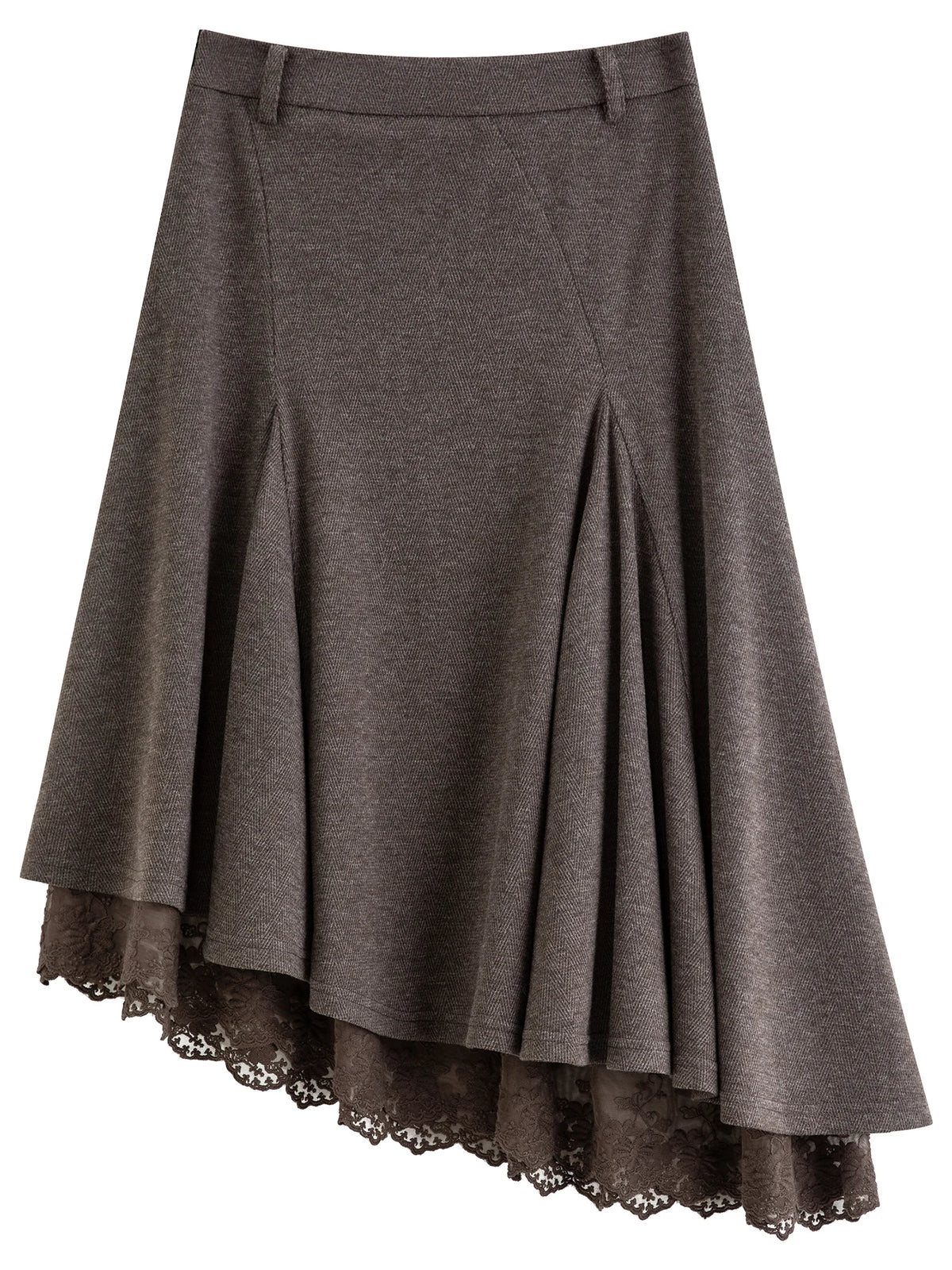 Women's Woolen Skirt Lace Panel Asymmetric Hem A-Line Empire Waist Mid-Calf Knit Casual Office Winter