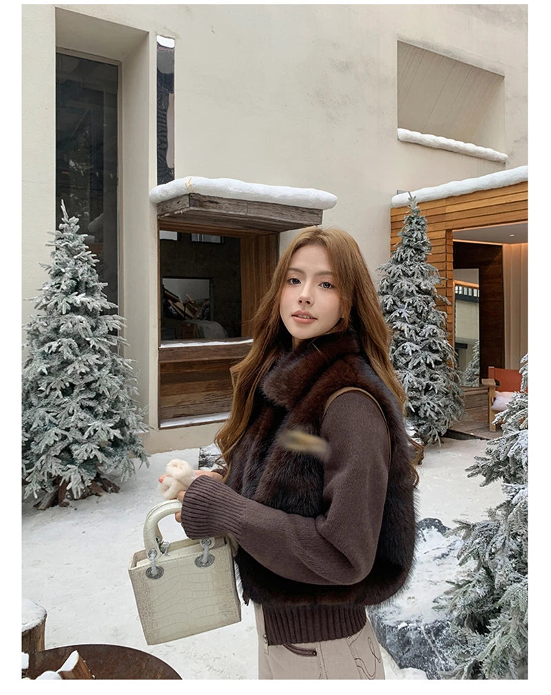 Women's Cropped Faux Fur Jacket with Ribbed Knit Sleeves