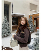 Women's Cropped Faux Fur Jacket with Ribbed Knit Sleeves