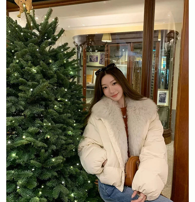 Women's Cropped Puffer Jacket with Faux Fur Collar