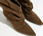 Women's Brown Faux Suede Ruched Kitten Heel Ankle Boots