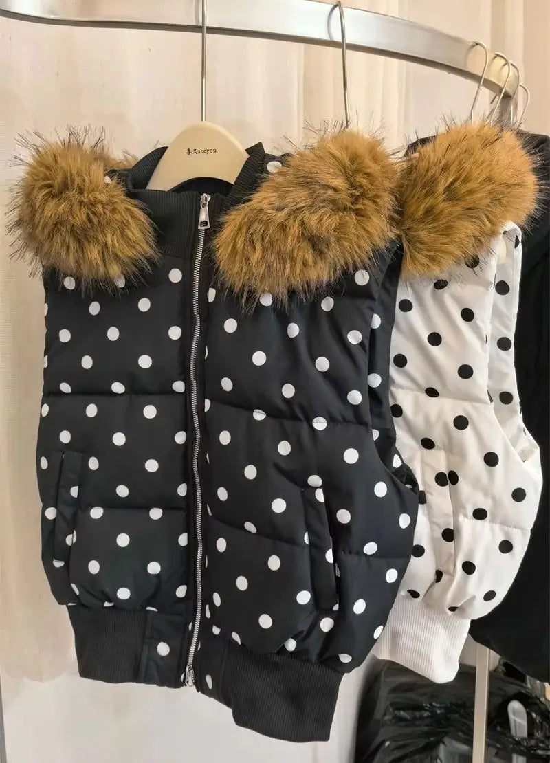 Women's Polka Dot Hooded Puffer Vest with Plush Trim