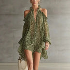 Women Polka Dot Chiffon Mini Dress Party Cocktail Short Dress Halter Cold Shoulder Long Sleeve Loose Fit