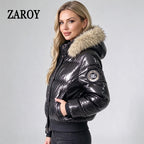 Women's Glossy Hooded Puffer Jacket with Faux Fur Trim